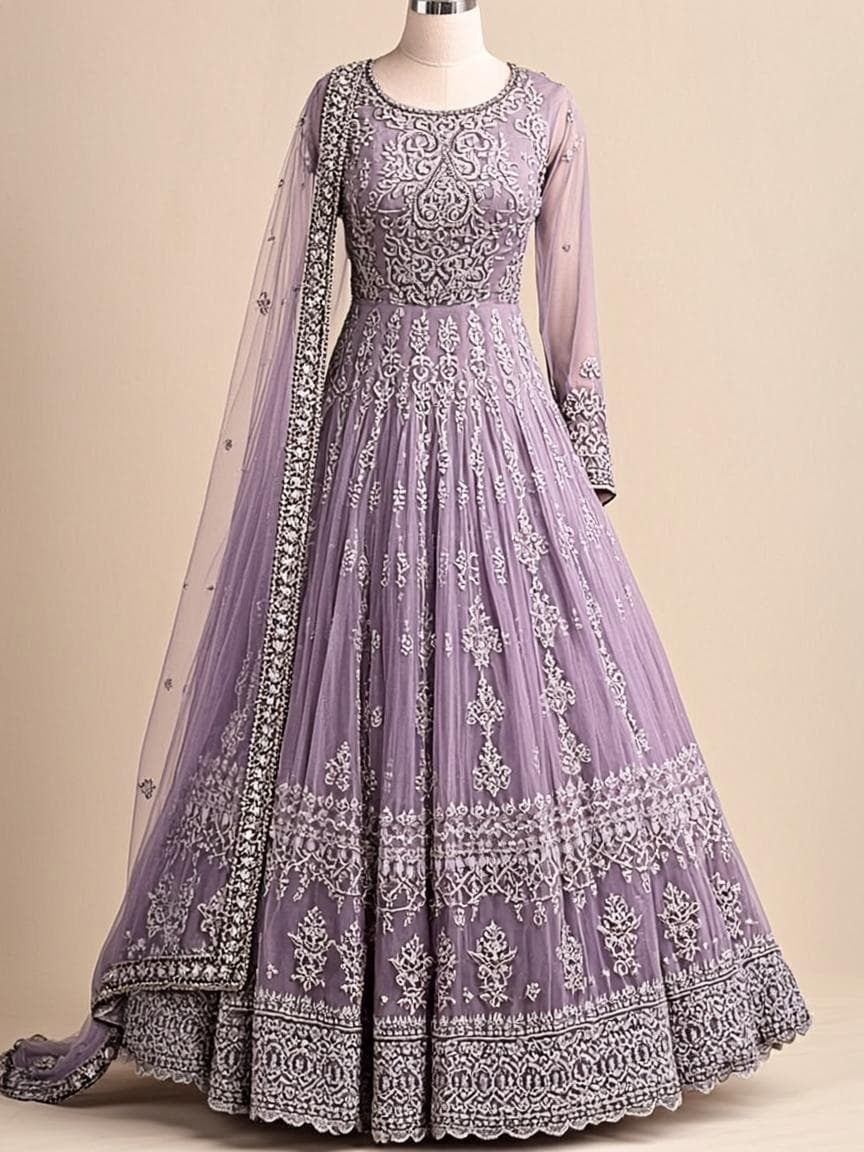 Ivory Chikankari Anarkali Suit - Lehenga at House of Radhya Kharar